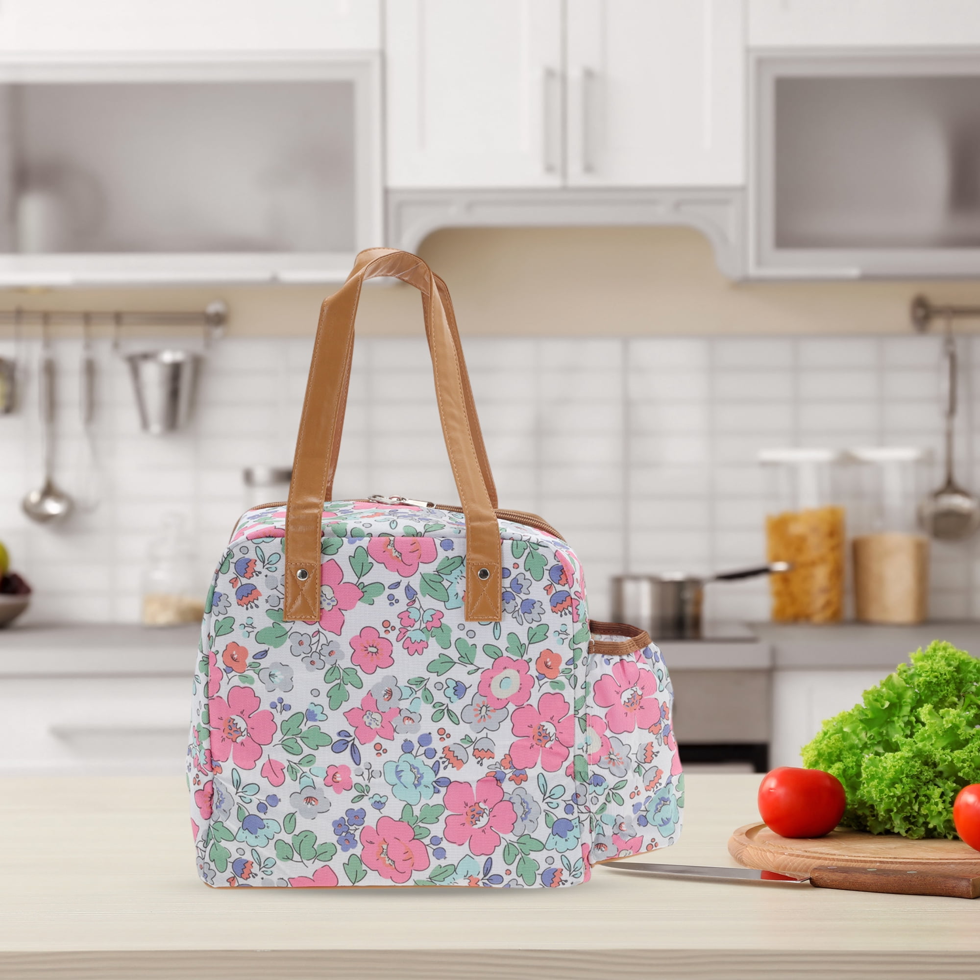 Unique Bargains Handheld Insulated Lunch Bag 1 Pc Pink White [Flower]