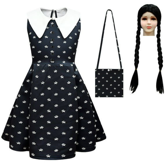 HAWEE Girls Wednesday Addams Costume Dress Kids Family Halloween Costumes Sleeveless Cosplay Party Costume with Wig, Bag