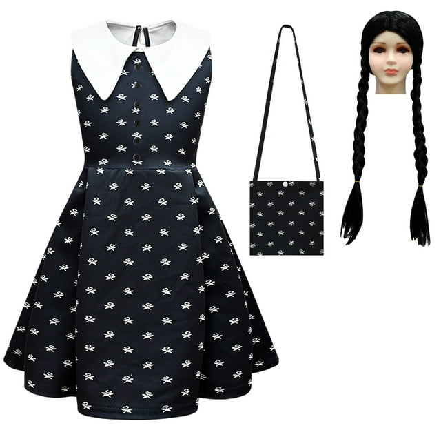 Addams Déguisement Family Wednesday, Robe de Fête d'Anniversaire Décontractée Vintage à Col Peter Pan Convenant aux Filles de 4 à 12 Ans