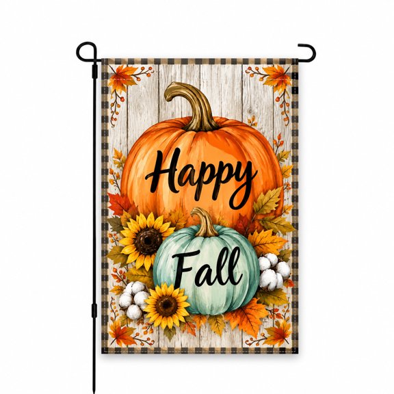 Happy Fall Garden Flag 12x18 Inch - Autumn Pumpkins, Sunflowers & Leaves Design for Yard, Lawn, Patio, Porch Outdoor Decor - Seasonal Harvest Display
