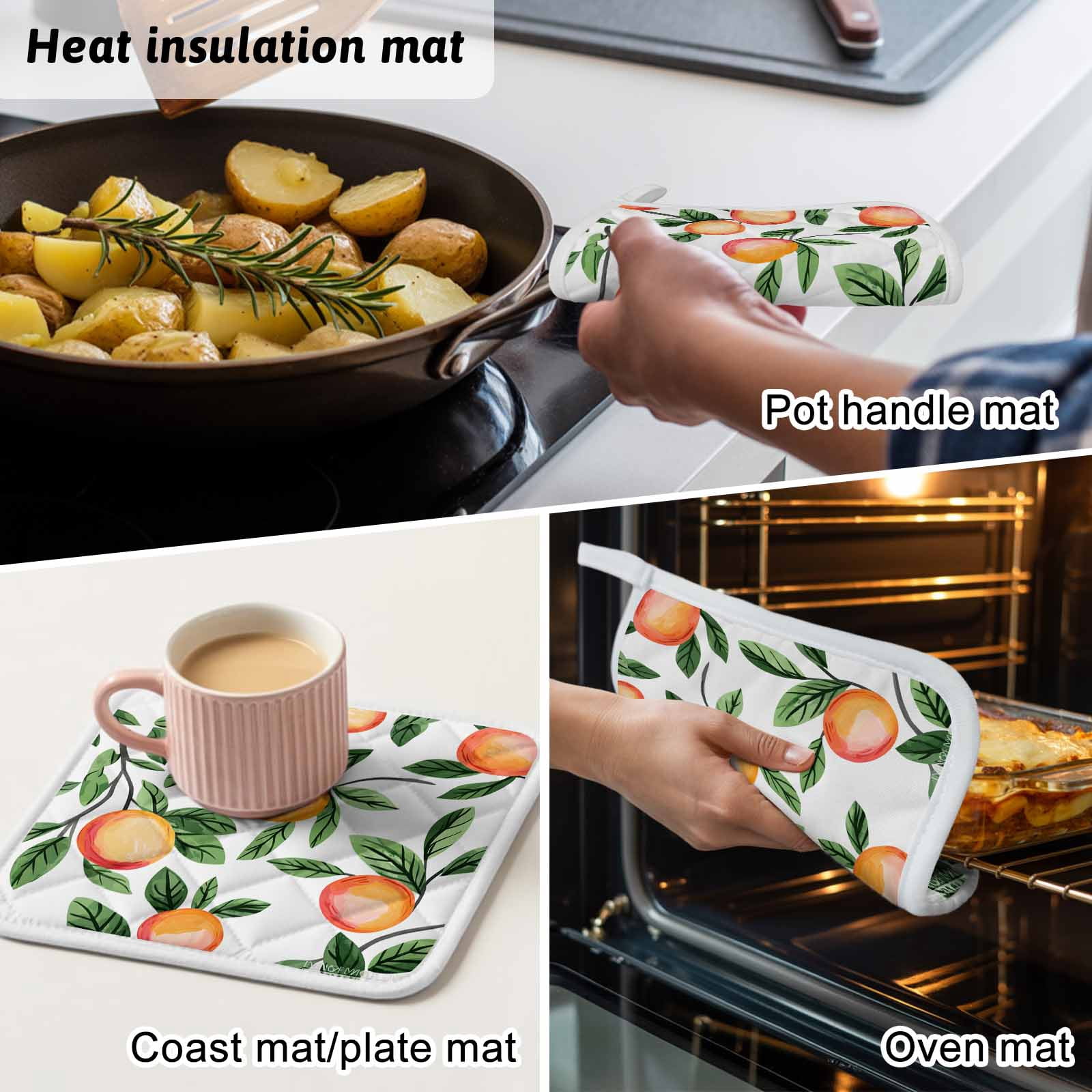 Summer Fruits Pot Holders for Kitchen Heatproof Potholder, 5 Pack Spring Orange Peach Green Botanical Hot Pads Multipurpose Oven Pads Cloth Potholders Trivet for Cooking Baking