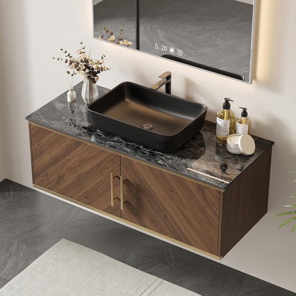 FHKJ HOME 48" Modern Floating Bathroom Vanity, Black Faux Marble Sintered Stone Top & Ceramic Sink, Natural Walnut