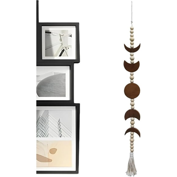 SINASI Moon Phase Wall Hanging, Moon Phases Wall Art, Moon Garland With Metal Chains, Metal Cycle Ornament Vertical Bohemian, Wooden Decorative Moon Phase Wall Art For Bedroom For Living Room