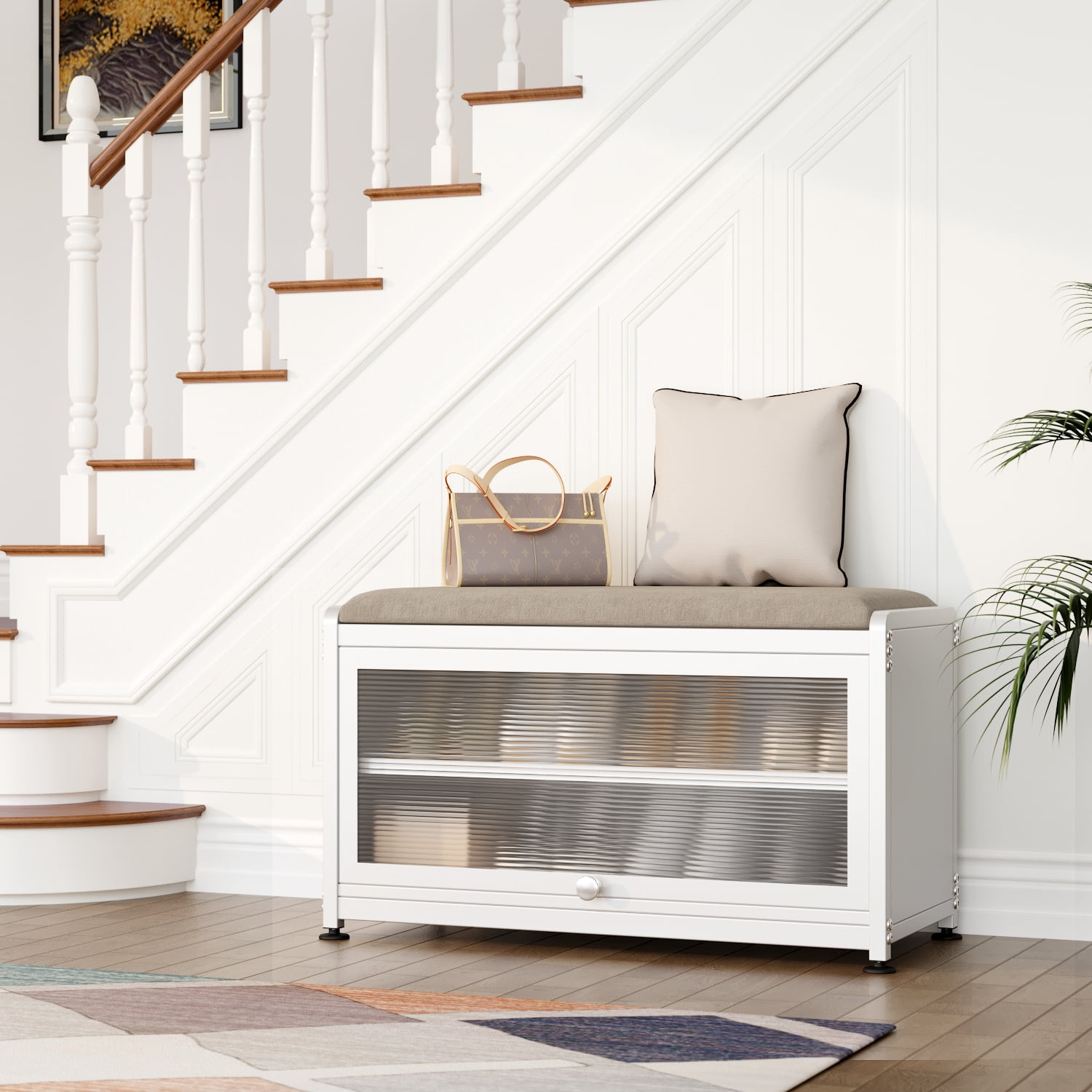 Innovaze Metal Shoe Rack bench with Cushion Seat, Shoe Cabinet for Entryway, White