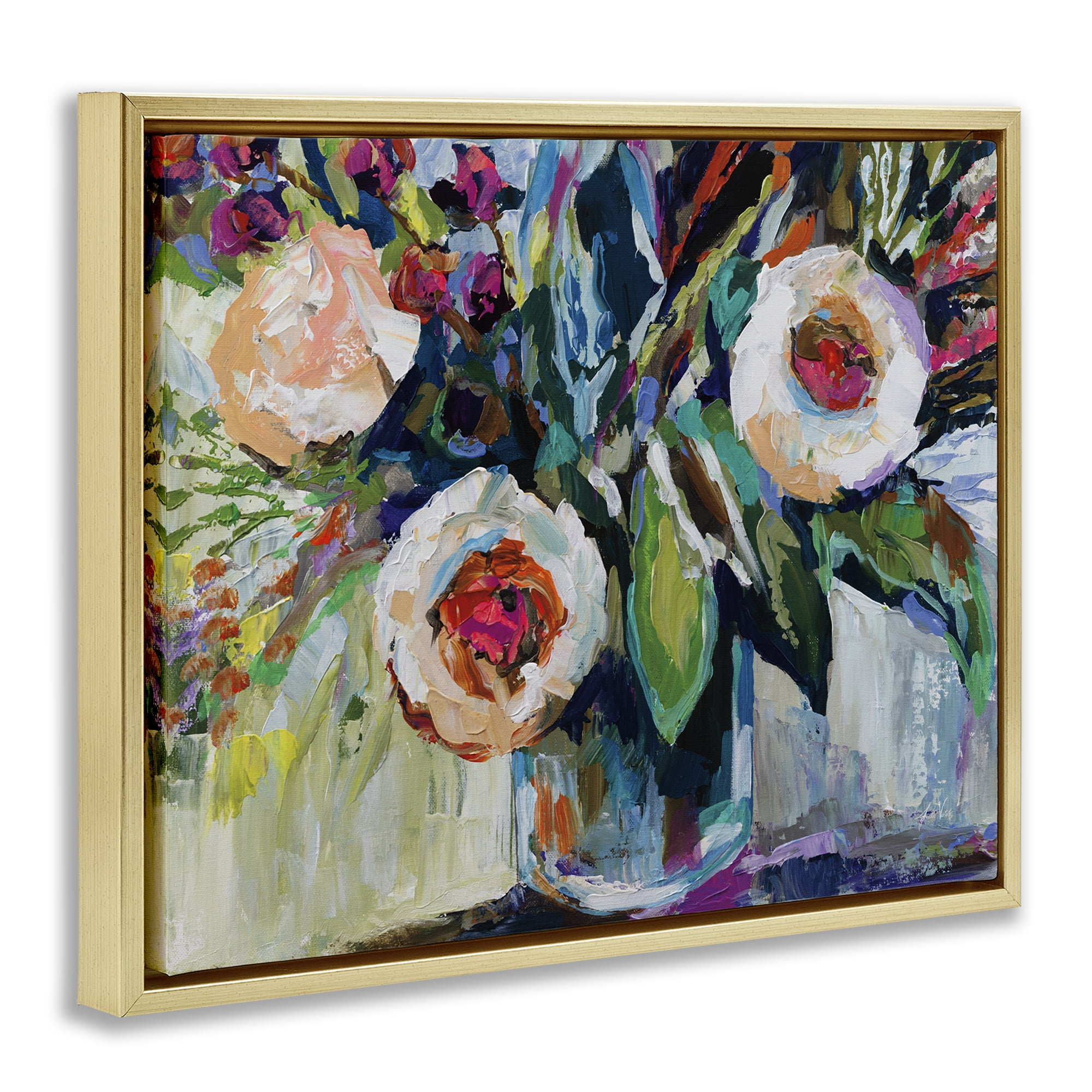 Stupell Industries Modern Fiesta Flowers Plants & Flowers Painting Gold Floater Framed Canvas Art Print Wall Art, 31 x 25