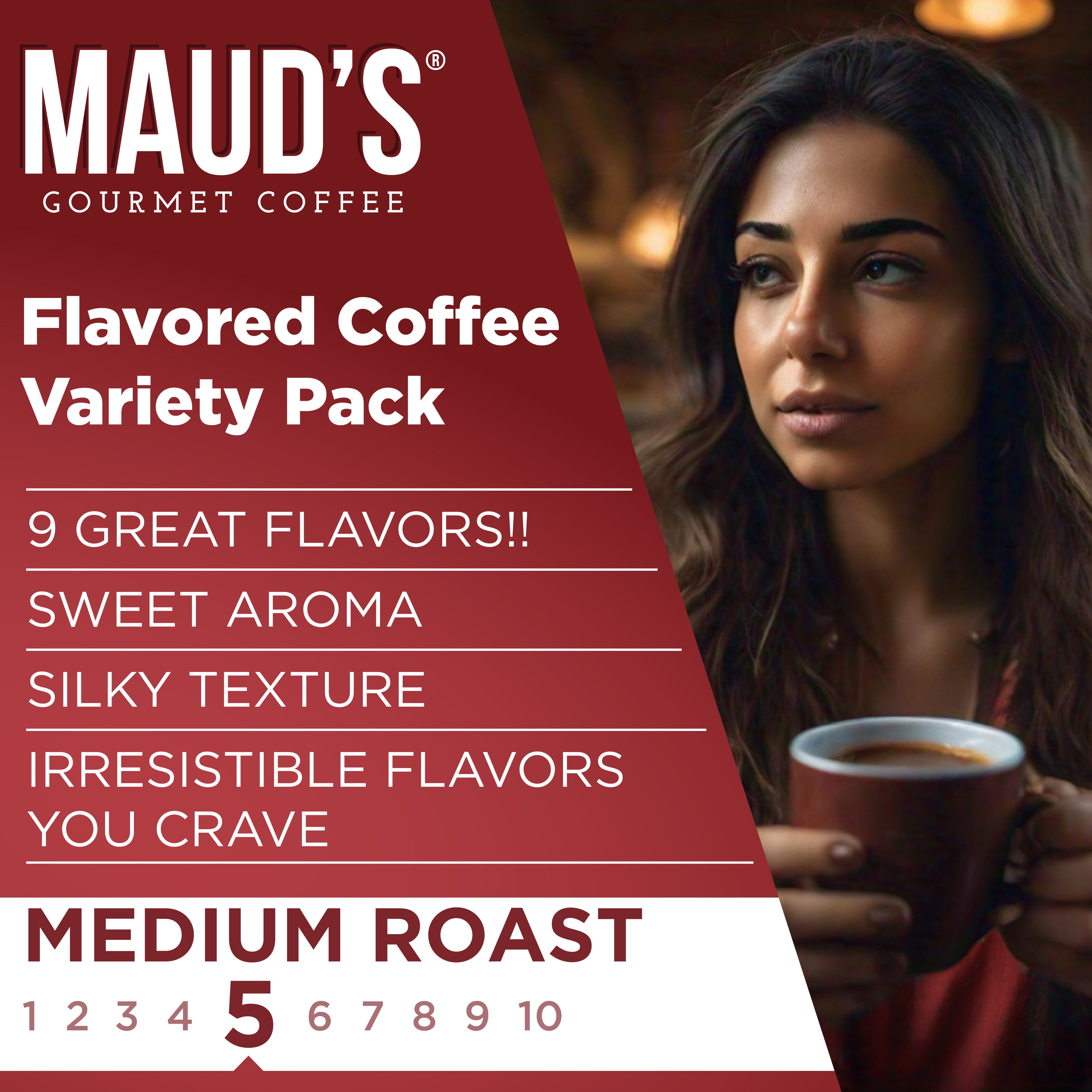 Maud's Flavored Coffee Pods Variety Pack, 40 ct, 9 Assorted Flavors, Medium Roast Flavored Coffee in Single Serve Pods – 100% Arabica Beans, Compatible with Keurig K Cups Maker
