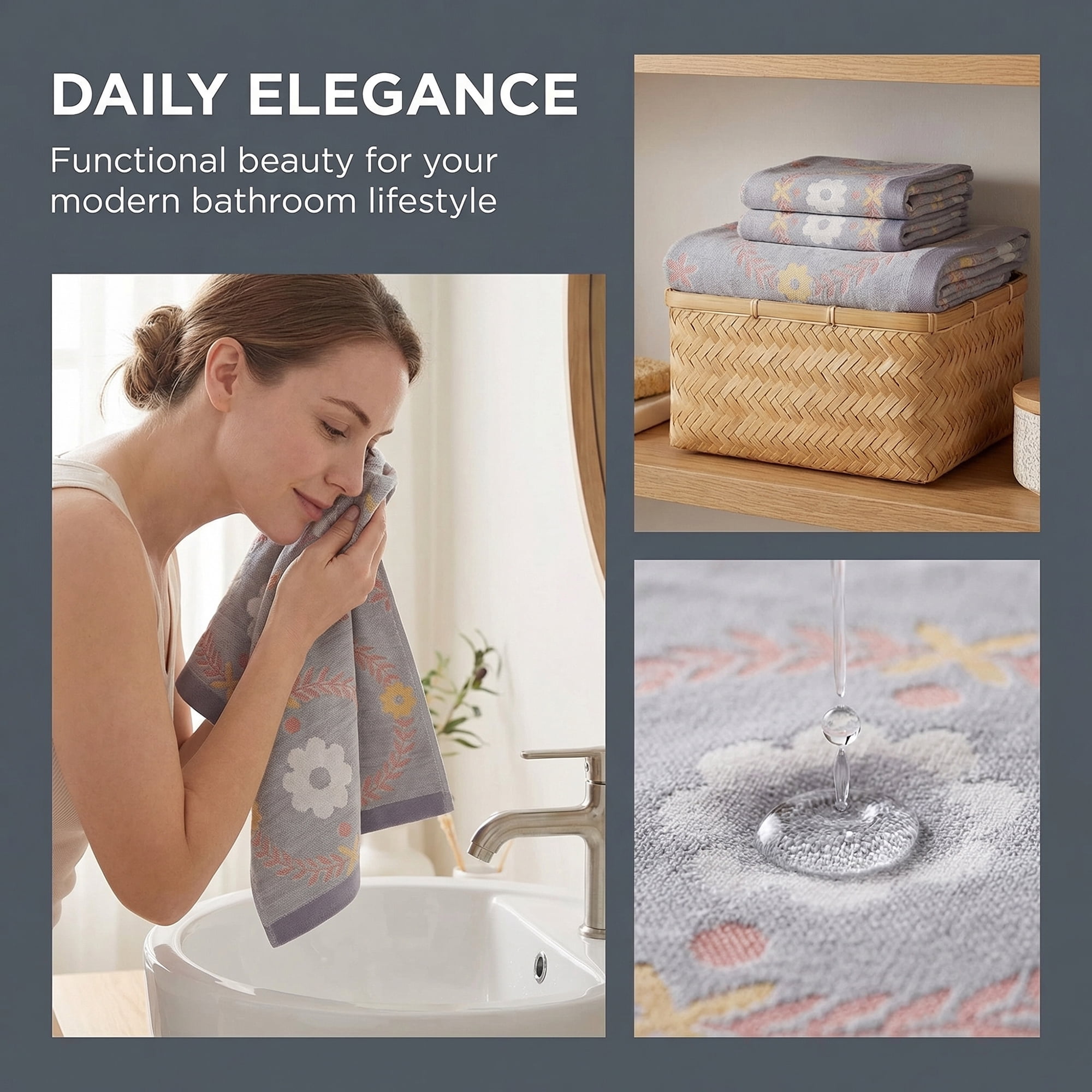 Unique Bargains 29 x 13 Inch Cotton Floral Jacquard Hand Towel Grey 1pc