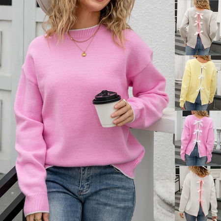 THDHVS Womens Sweaters Sweaters for Women Women s Fashion Casual Crew Neck Sweater Back Bow Tie Knit Sweater Top Gray M