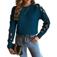 thumbnail image 2 of Women'S Y2K Fashion Solid Color Hollow Raglan Sleeve Crew Neck Sweater Blue S, 2 of 9