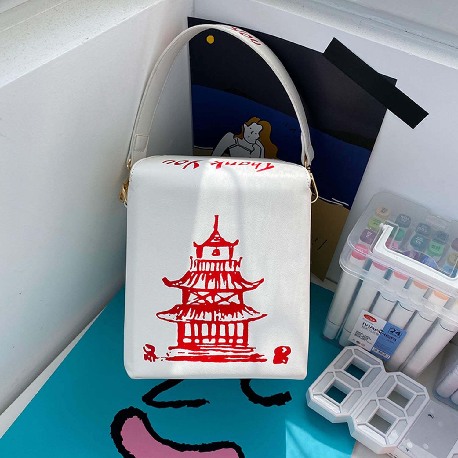 Women Novelty Chinese Takeout Purse Tower Print Crossody Shoulder Bag Box Totes with Comfortable Chain Strap