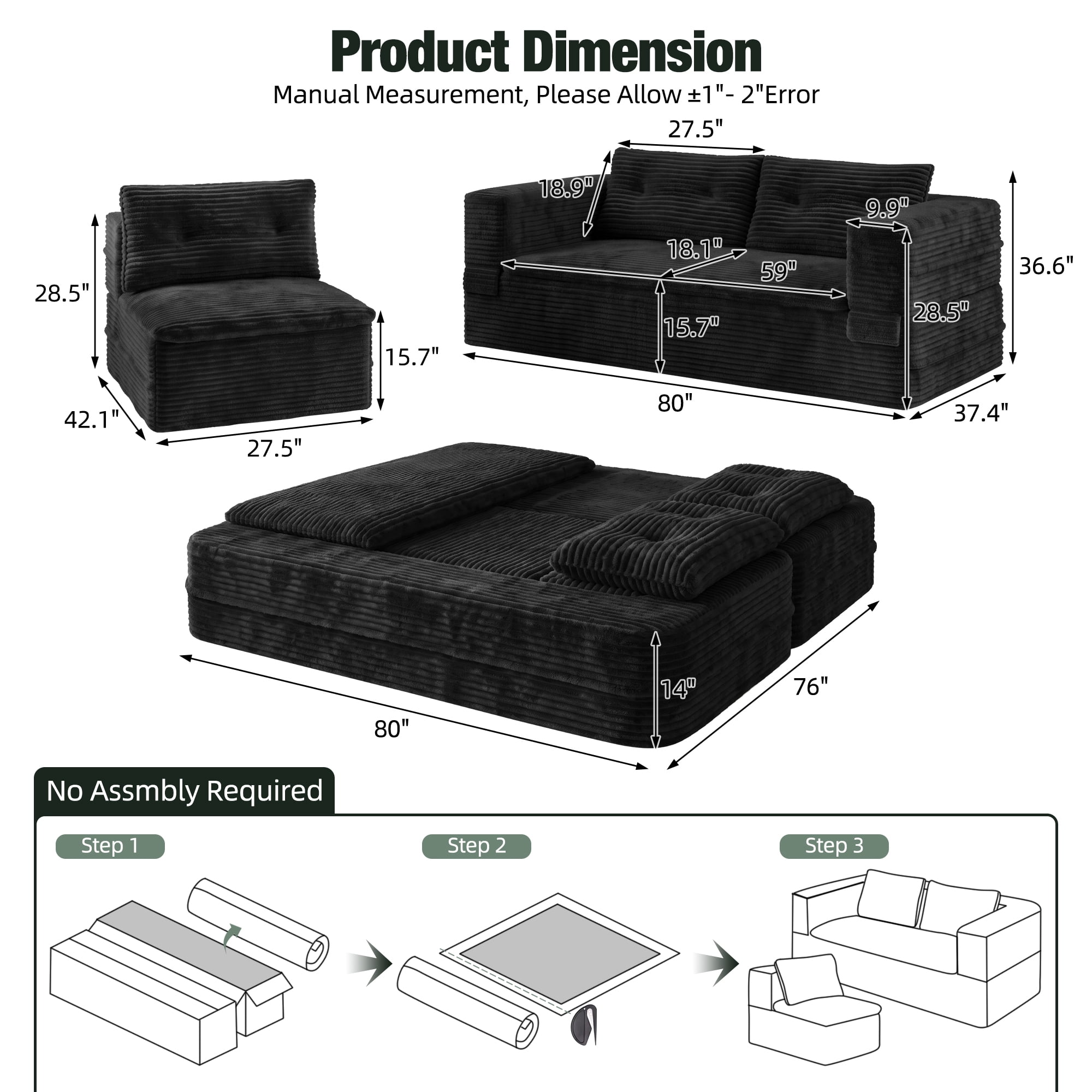 HOQBN 80" King Size Sleeper Sofa Bed, Plush Corduroy Deep Seat Sofa Couch with Independent Chaise and Functional Blanket for Living Room, Bedroom Black