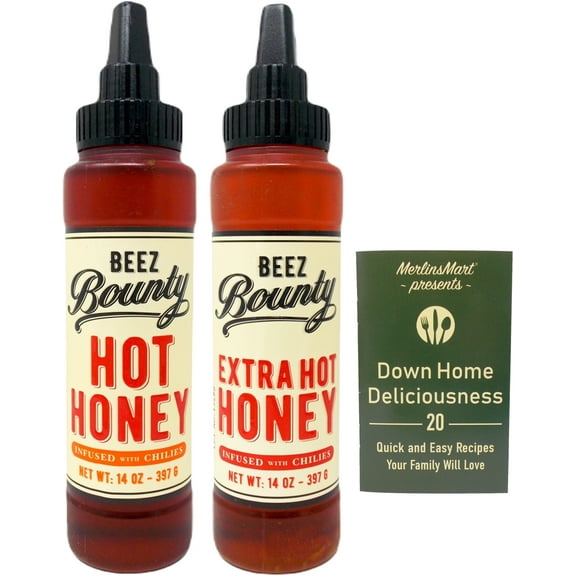 Beez Bounty Hot Honey Chile Infused Condiment 2 Flavor Variety - (1) Each: Hot, Extra Hot (14 ounces)   MerlinsMart Zine