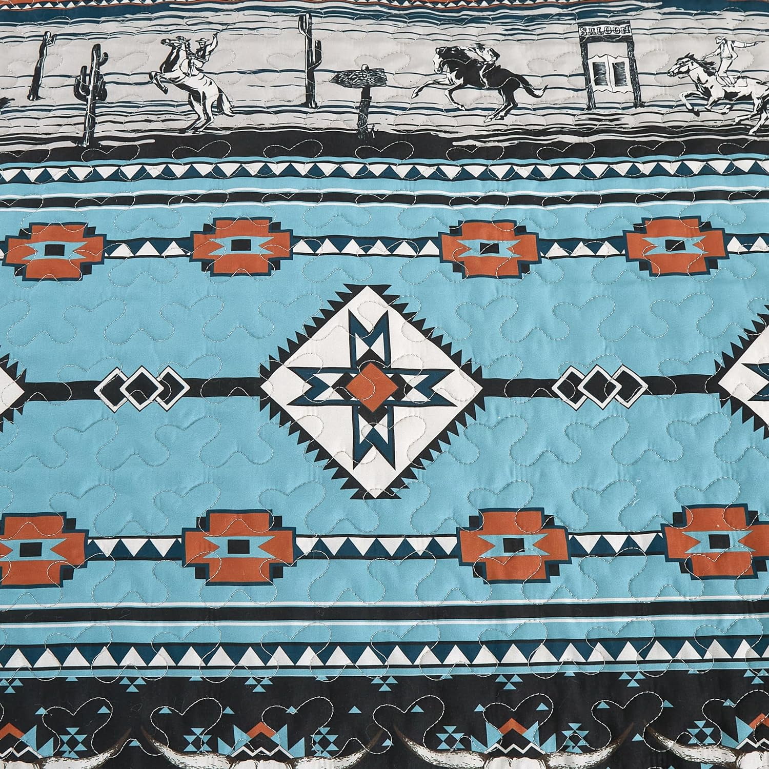 Chezmoi Collection Boone 3-Piece Southwestern Cowboys Rodeo Quilt Set King, Multicolor Blue Brown Beige Clay Printed Microfiber Lightweight Bedspread Set for All season