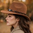 thumbnail image 7 of Vintage Wide Brim Felt Cowboy Hat with Decorative Hat Band, Classic Western Style Fedora Cowgirl Hat, Lightweight Outdoor Travel Party Costume Hat for Men Women Brown, 7 of 7
