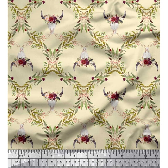 Soimoi White Georgette Viscose Fabric Floral & Cow Skull Head Damask Printed Craft Fabric by the Yard 42 Inch Wide