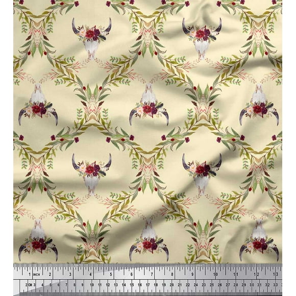 Soimoi White polyester Crepe Fabric Floral & Cow Skull Head Damask Printed Craft Fabric by the Yard 42 Inch Wide