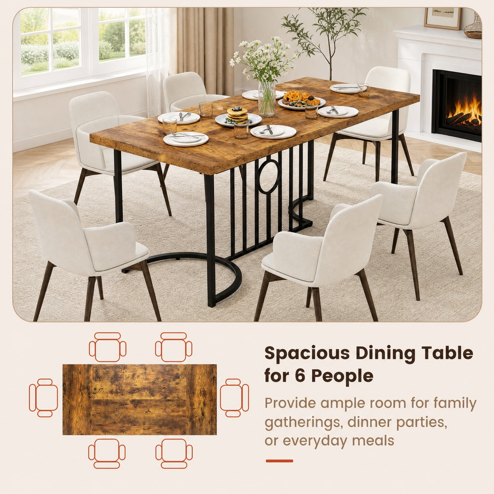 Furnibear 71 Inch Large Rectangular Dining Table for 6 to 8 People with Heavy Duty Metal Frame for Kitchen and Restaurant, Rustic Brown