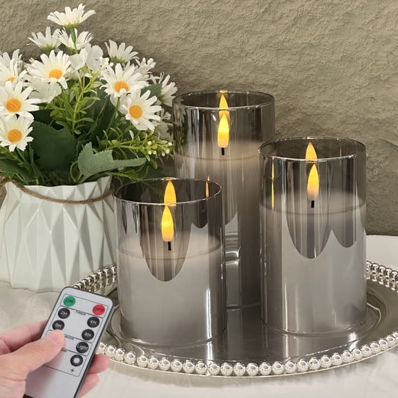 ZHIGAO Flameless Candles Flickering with Remote and Timer,3D Wick Acrylic Electric Fake Candles, Battery Operated LED Pillar Candle-Gray 4''x5''x6''