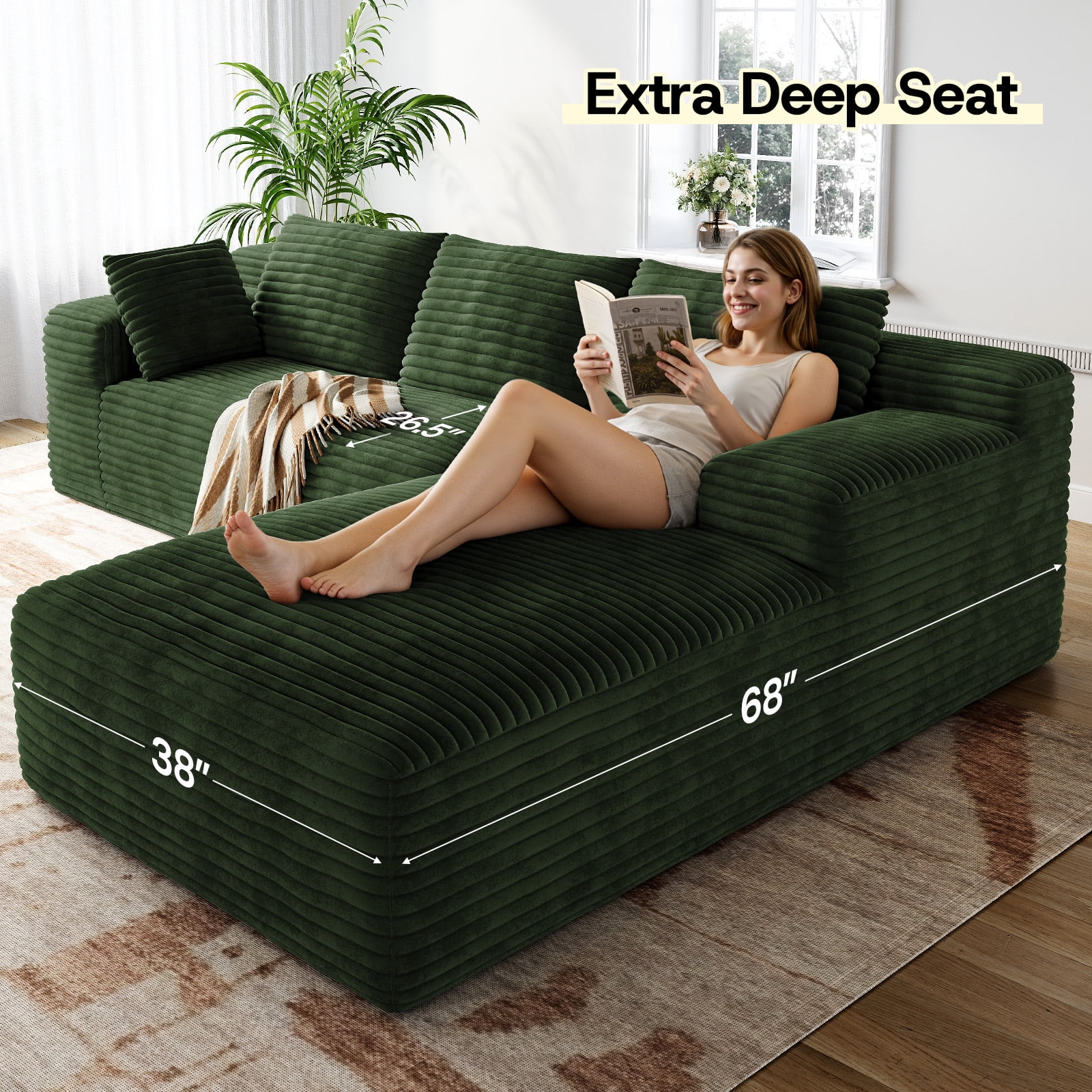 Patbrela 106" Sectional Sofa for Living Room, L-Shaped Modular Sectional Couches with Deep Seat, Corduroy Cloud Oversized Boneless Sofa No Assembly, Green