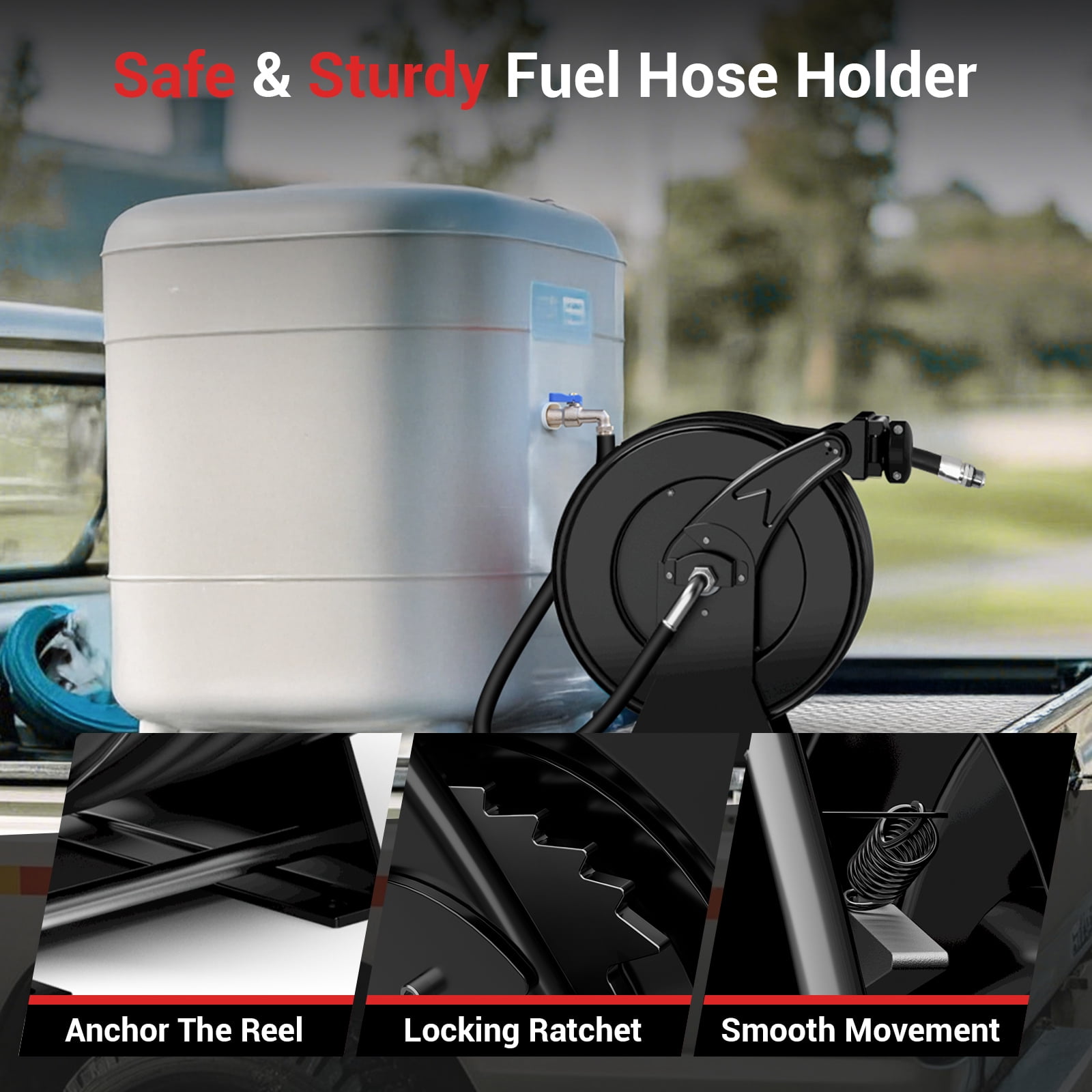 Fuel Hose Reel, 3/4" x 50', Retractable Diesel Hose Reel, Heavy-Duty Carbon Steel Construction with Automatic Fuel Nozzle, NBR Rubber Hose for Aircraft Ship Vehicle Tank Truck, 300 PSI, Black