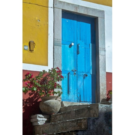 Mexico, Guanajuato the Colorful Homes and Buildings, Blue Front Door with Plant on Steps Print Wall Art By Judith