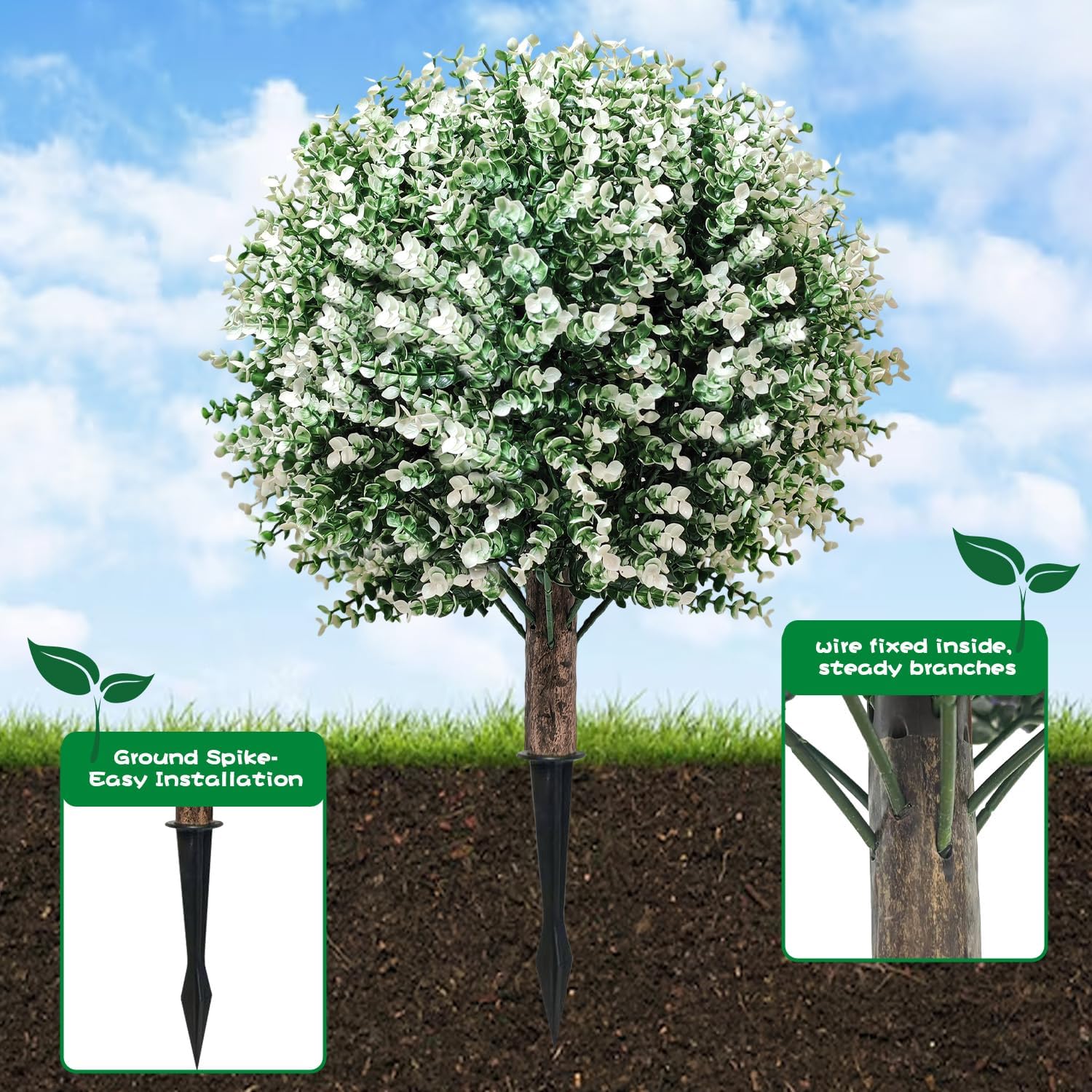 Artificial Boxwood Topiary Ball Trees, 2 Pack 24.5" Faux Plants, Bushes Shrubs Outdoor with Spike, UV-Resistant Fake Greenery for Planters, Porch, Garden, Home Office, Spring Decor – White