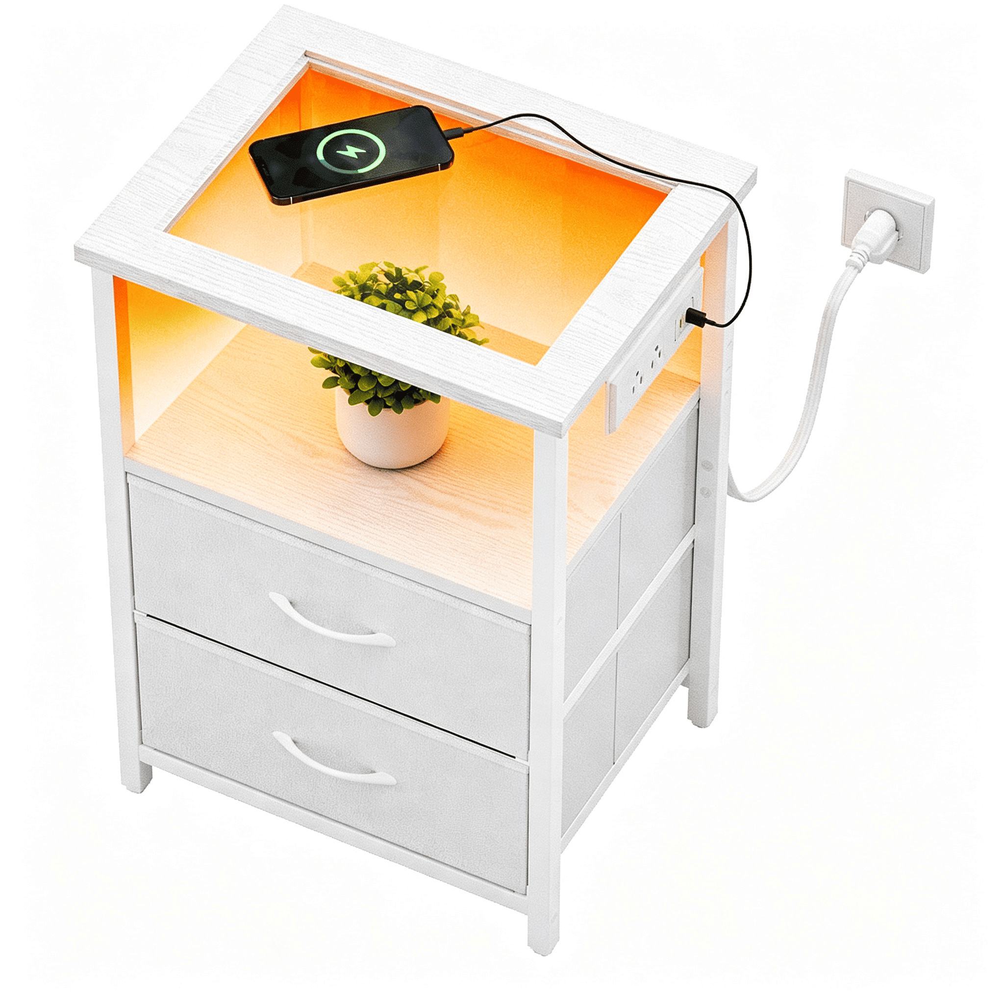 Nightstand with Charging Station, Glass Top End Table with RGB LED Light, 2 Fabric Drawers and Open Shelf for Bedroom
