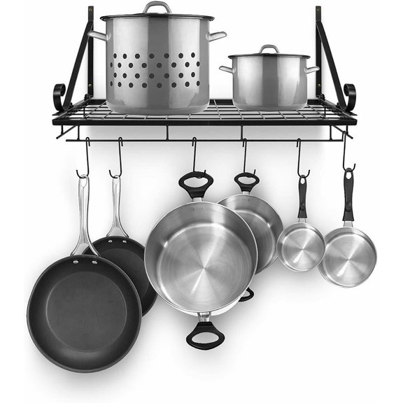 YSNW Hanging Pot Rack - Wall Mounted Pot Rack storage shelf hanging rack — Pots and Pans Rack shelf Organizer holder pot hanger - 10 S Hooks - kitchen cookware, utensils, pans, 2 DIY Methods (Black)