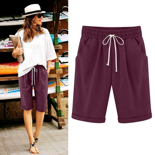 Lenago Shorts d'Été Grande Taille pour Femmes, Cinq Points, Coton Lin, Décontracté, en Solde