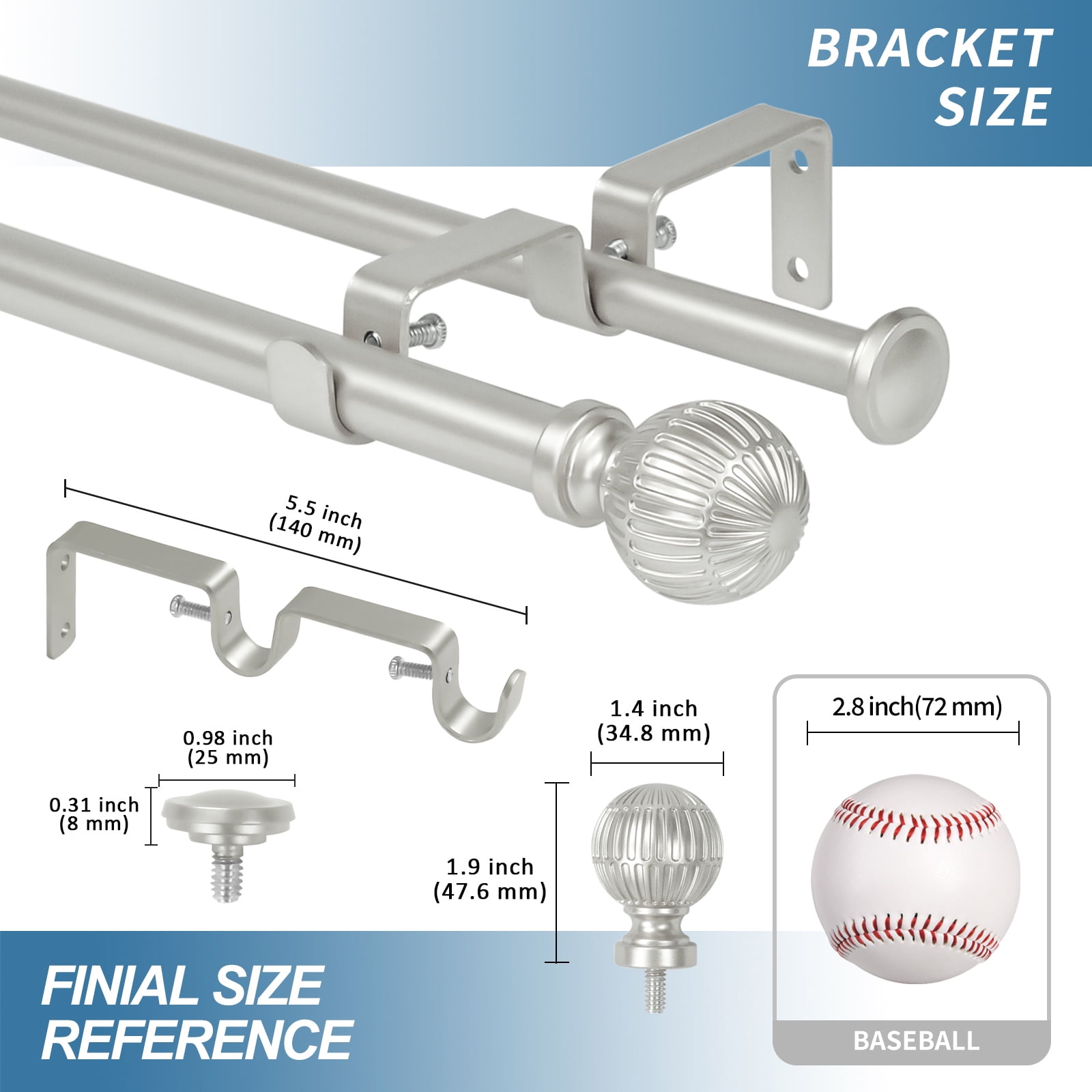 Ridicili 5/8" Telescoping Double Curtain Rods with Volle Finials, Pewter,28"-48", 5/8 Inches Front and 1/2 Inches Back Double Window Drapery Rod