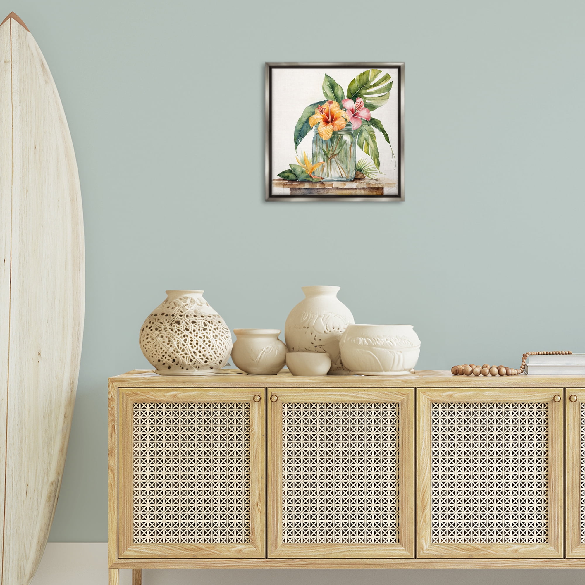 Stupell Industries Tropical Floral Vase Plants & Flowers Painting Gray Floater Framed Canvas Art Print Wall Art, 18 x 18
