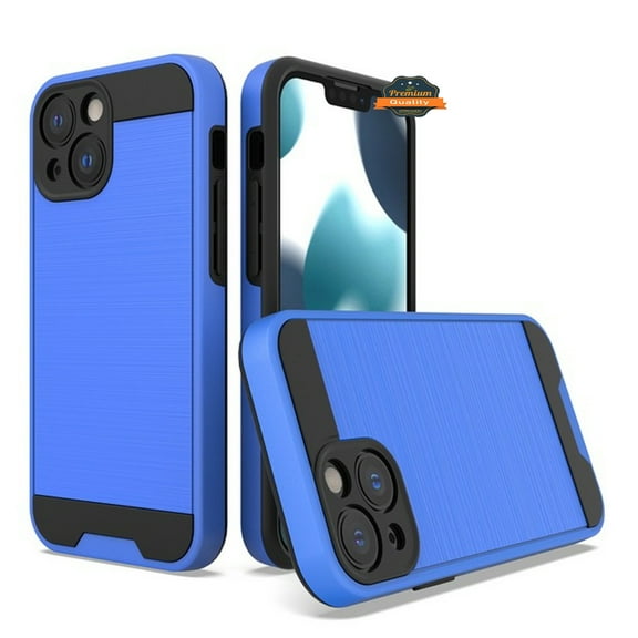Phone Case for Apple iPhone 13 (6.1") Slim Rugged TPU Hard PC Brushed Metal Texture Hybrid Dual Layer Defender Armor Shockproof Cover for iPhone 13 - Blue