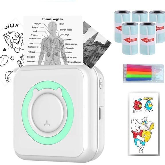 Bluetooth Mini Sticker Printer Inkless Thermal Photo Printer with 5 Rolls and Sticker Compatible with Android iOS for Instantly Print Fun, Retro-Style Photos, Photo Journal Notes Memo