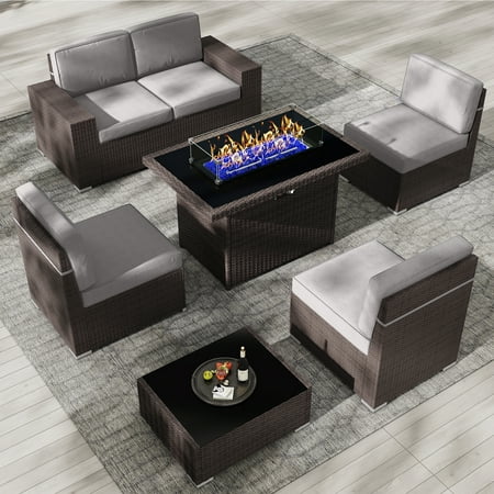 7 Piece Patio Furniture Set with 44  Propane Gas Fire Pit Table  Outdoor Sectional Conversation Set Wicker Rattan Sofa Set with Coffee Table