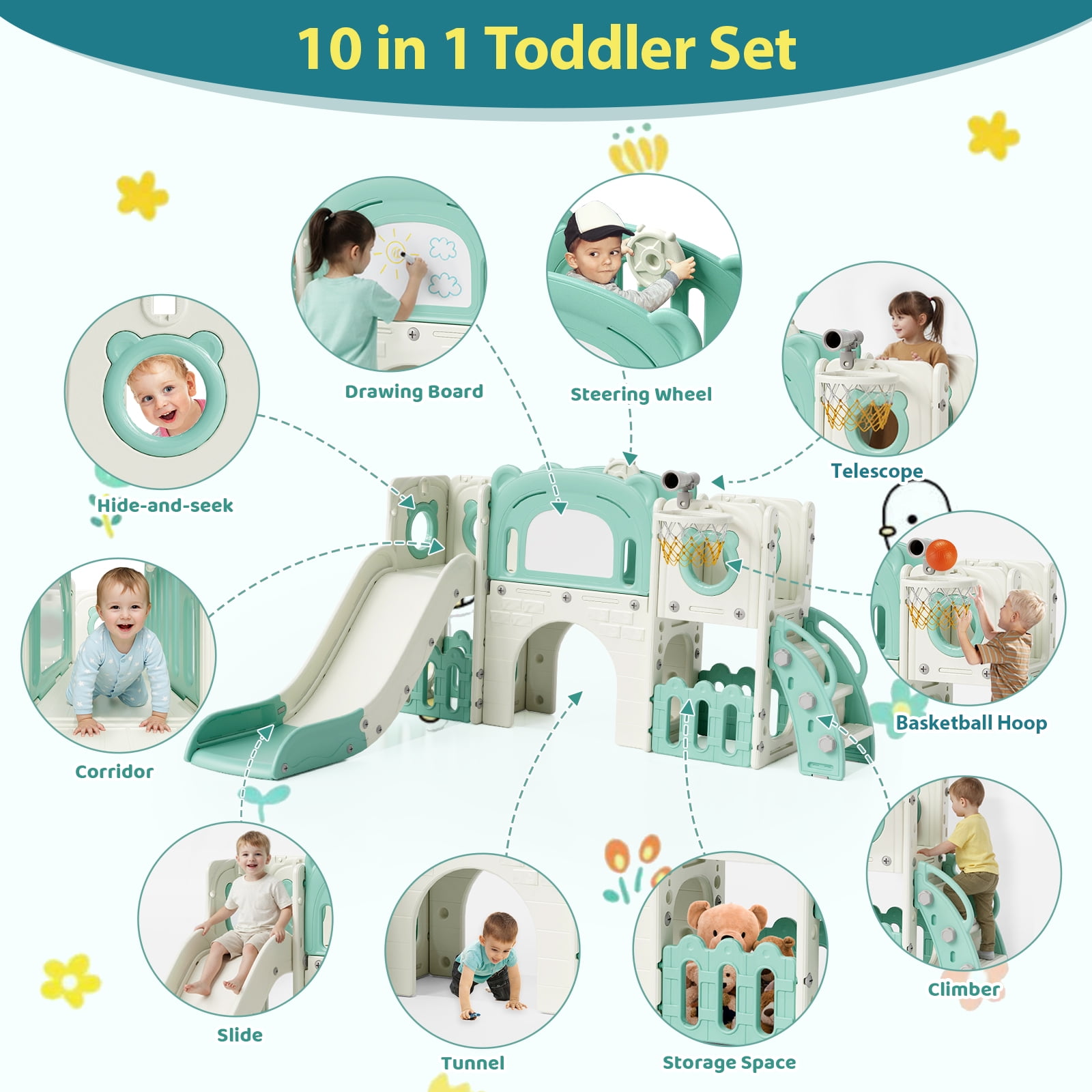LAZY BUDDY 10 in 1 Toddler Slide, Freestanding Kids Slide and Climber Playset Indoor Outdoor Slide with Basketball Hoop, Telescope and Storage Space