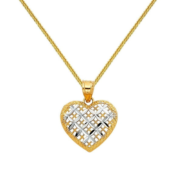 Precious Stars 14K Two-Tone Gold Ladies Cross Hatch Heart Pendant with 16" Chain Necklace
