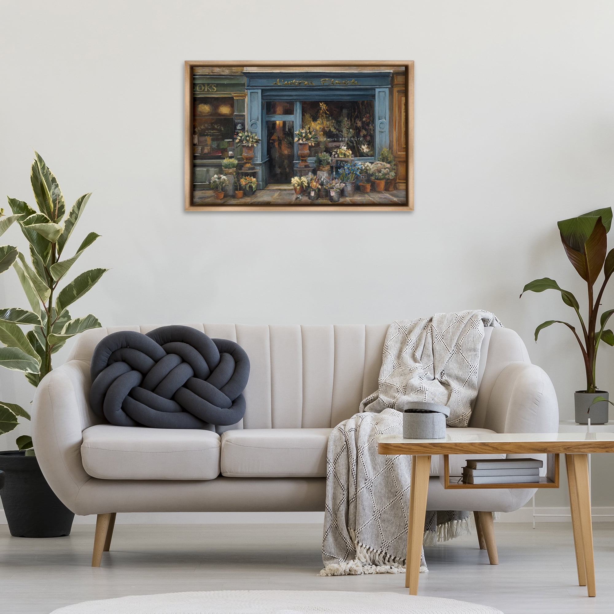 Stupell Industries Florist Shopfront in Town Buildings & Architecture Painting Brown Floater Framed Canvas Art Print Wall Art, 31 x 21