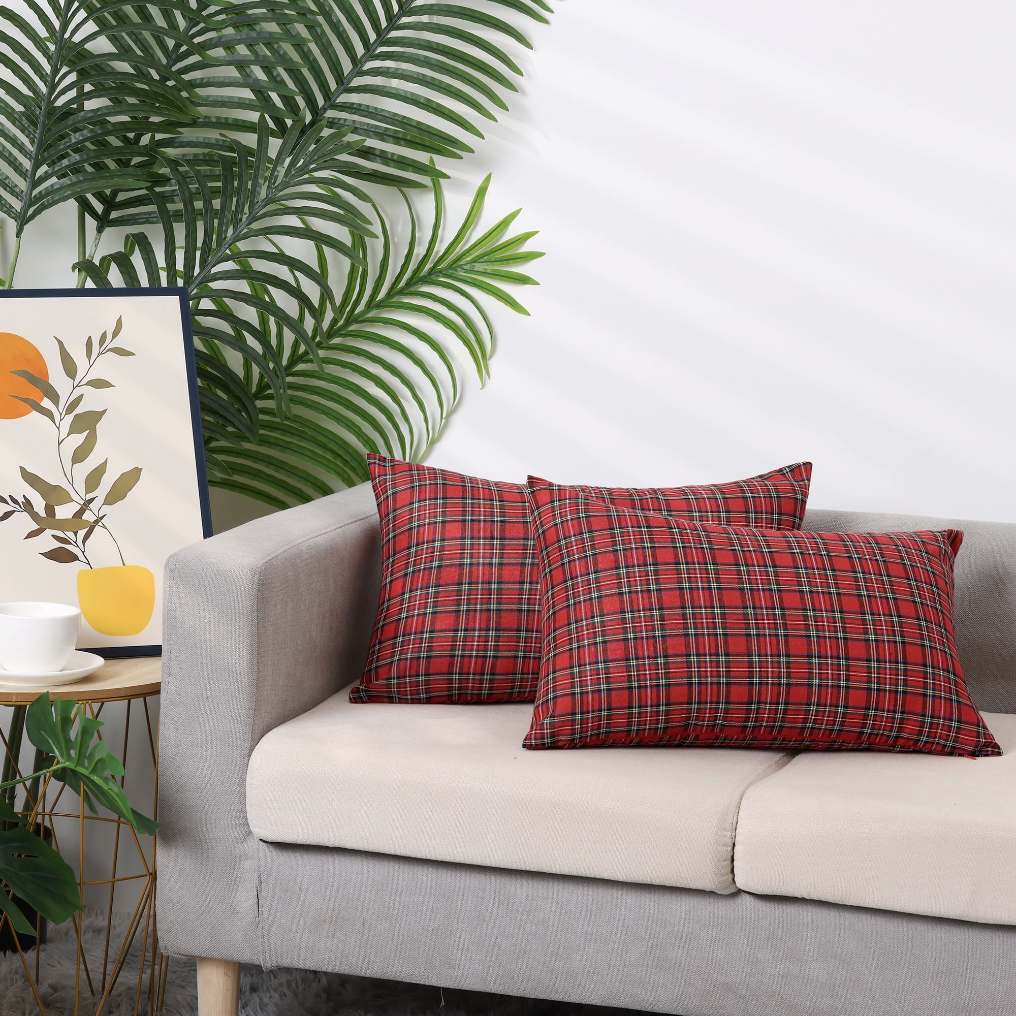 Unique Bargains Festive Plaid Decorative Throw Pillow Covers Scottish Tartan Decor 2 Pcs Fine Grid Red 12" x 20"