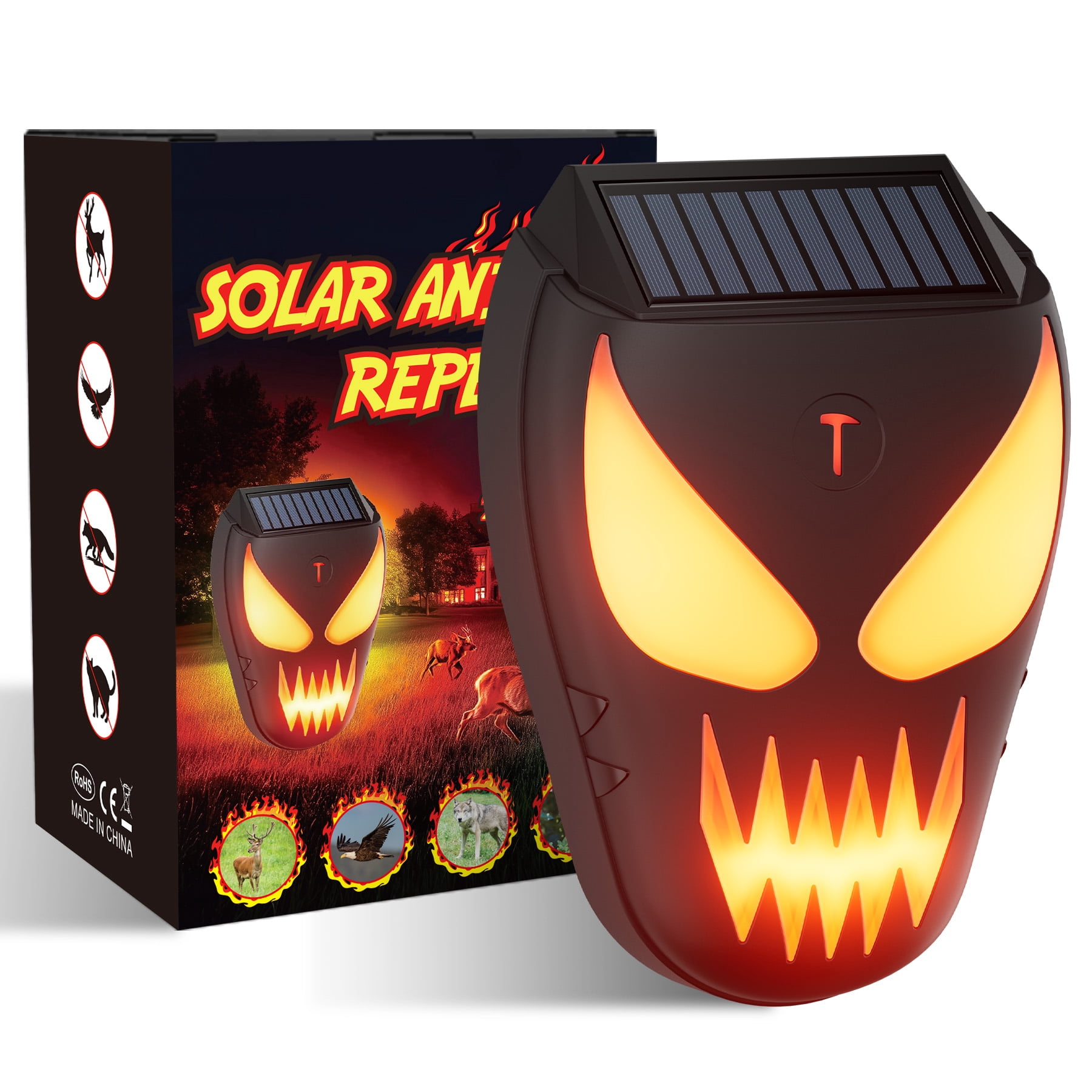 Solar Nocturnal Animal Repellent Outdoor, Waterproof Coyote Deterrent Devices with Predator Lights, Deer Repellent Devices - Repel Skunk Raccoon Opossum Fox Owl Hawk for Yard Garden Farm Chicken Coop