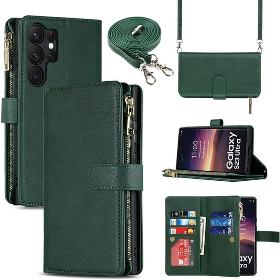 Samsung Galaxy S23 Ultra 5G Wallet Case,[9 Card Slots] Removable Adjustable Crossbody Necklace Lanyard Shoulder Strap Zipper Magnetic Leather Case for Samsung S23 Ultra 5G,6.8 inch Dark Green