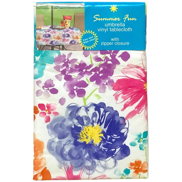 Elrene Summer Fun Vinyl Tablecloth Umbrella Hole with Zipper 70" Round