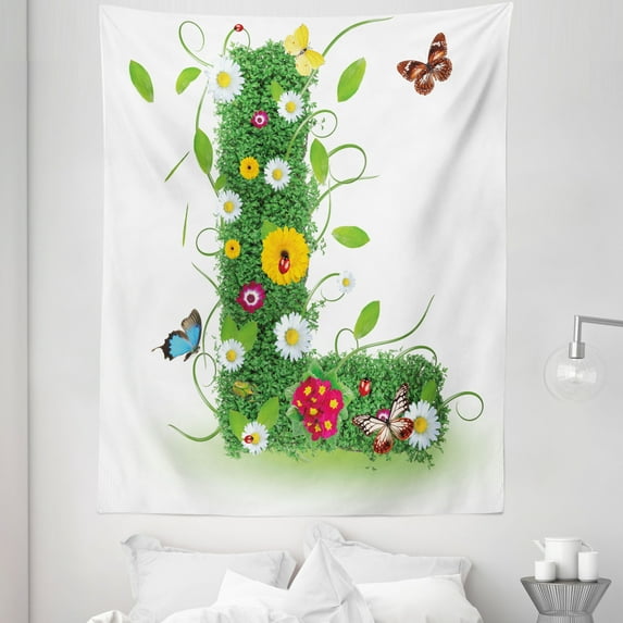 Letter L Tapestry, Alphabet Capital L Design Daisies Wildflowers Other Plant Life Animal Fun, Fabric Wall Hanging Decor for Bedroom Living Room Dorm, 5 Sizes, Green Multicolor, by Ambesonne