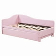 thumbnail image 6 of Bellemave Twin Size Daybed with Pop Up Trundle, Velvet Upholstered Twin to King Sofa Extendable Bed Frame, Space-Saving Daybed for Bedroom, Living Room（Pink）, 6 of 9