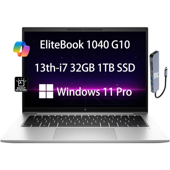 HP EliteBook 1040 G10 Business Laptop (14" FHD , Intel 10-Core i7-1355U, 32GB DDR5 RAM, 1TB SSD), Backlit, IST Hub, 2 x Thunderbolt 4, Wi-Fi 6E, 5MP Webcam, Wolf Security, Win 11 Pro w/AI Copilot