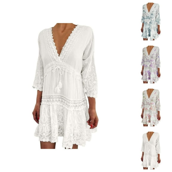 Beach Cover Ups for Women Beach Coverups for Women 2025 Trendy Women's V Neck Jacquard Quarter Sleeve Bohemian Floral Cover-Up Dress for Beach and Resort Wear