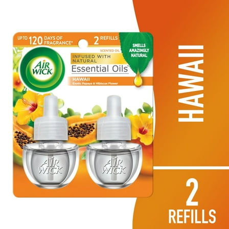 Pack of 2 Air Wick Scented Oil Refill, Plug In Air Freshener, Hawaii Exotic Papaya and Hibiscus Flower, 2 ct (Package May Vary)