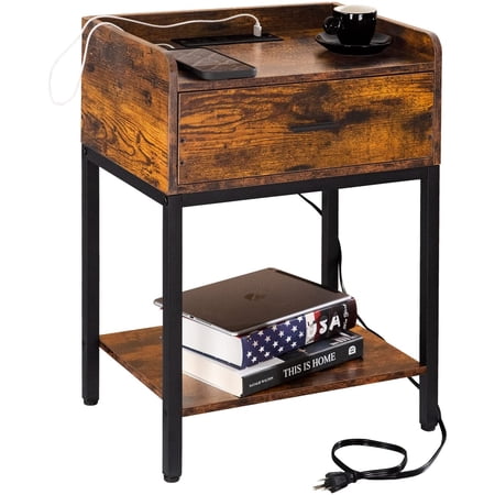 Nightstand with Charging Station and USB Ports 3-Tier End Side Table with Storage Drawer and Shelf Modern Bedside Night Stand for Bedroom Living Room- Retro Brown