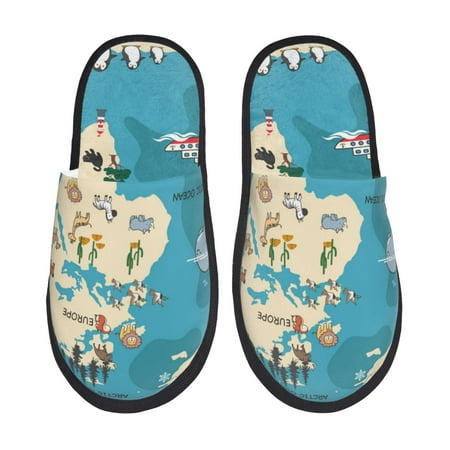 

Tideii World Map With Animal for Home Indoor Cotton Slippers Autumn and Winter EVA Plush Slippers Household Supplies Unisex-Large