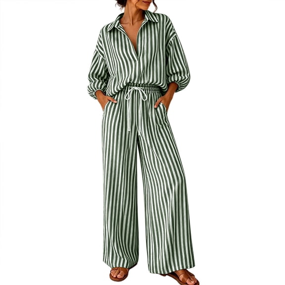 Byworldtasic Womens 2 Piece Striped Outfits Button Down Collar Shirt Drawstring Wide Leg Pants Casual Loungewear Set