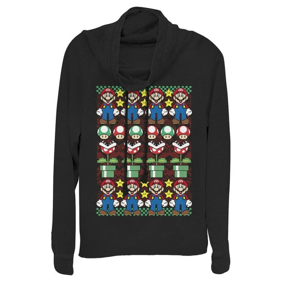 Junior's Nintendo Ugly Christmas Mario  Cowl Neck Sweatshirt Black Medium